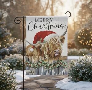 Merry Christmas Highland Cow Burlap Garden Flag, Double Sided,12 X 18